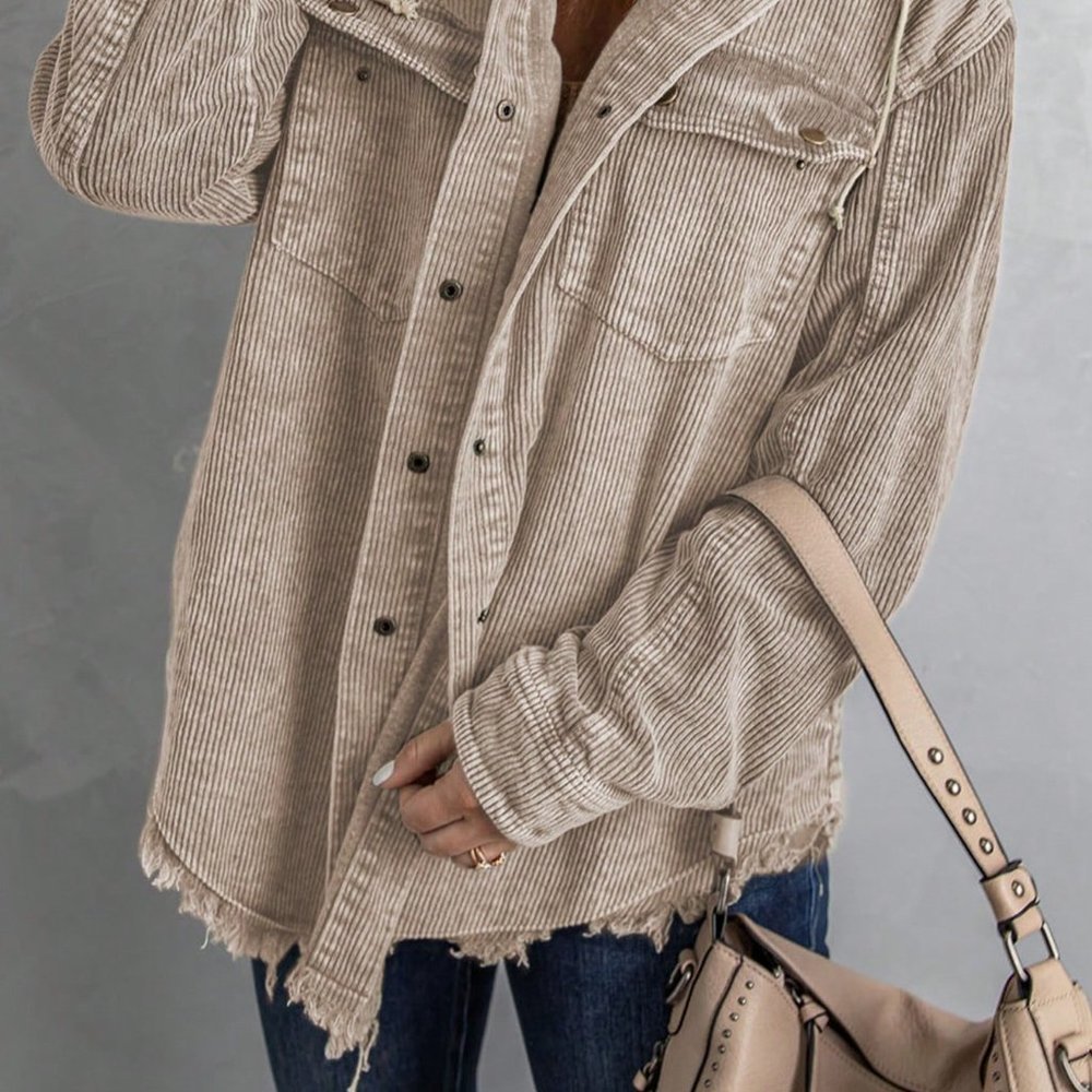 Khaki Casual Womens Pocket Drop Shoulder Raw Hem Drawstring Hooded Corduroy Coat - Picture 4 of 7